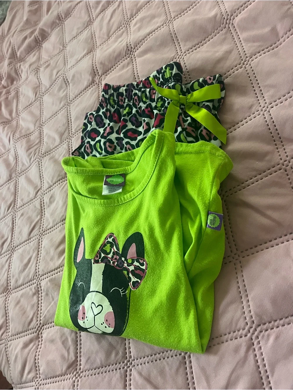 Dollie & Me Lime Green Puppy Pajama Set with Leopard Print Pants